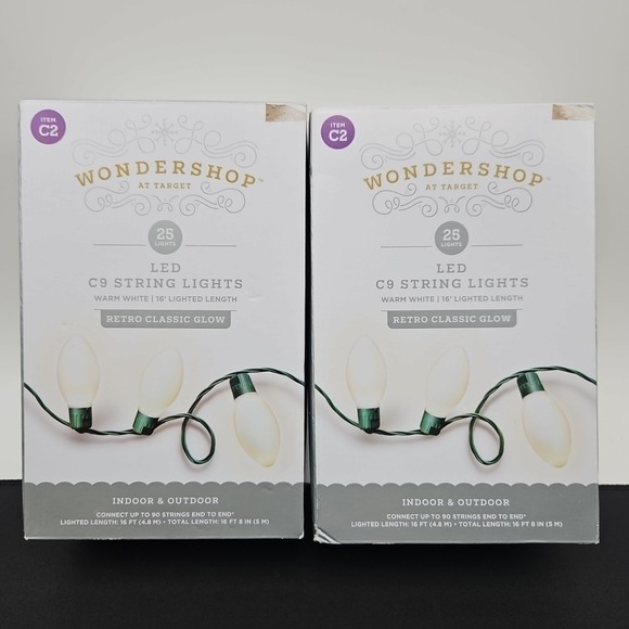 Lot Of 2 Wondershop C9 LED String Lights 25 Warm White‎ Bulbs Indoor/Outdoor New - Picture 1 of 4